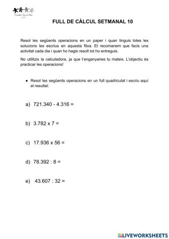 FULL DE CÀLCUL 10 5è