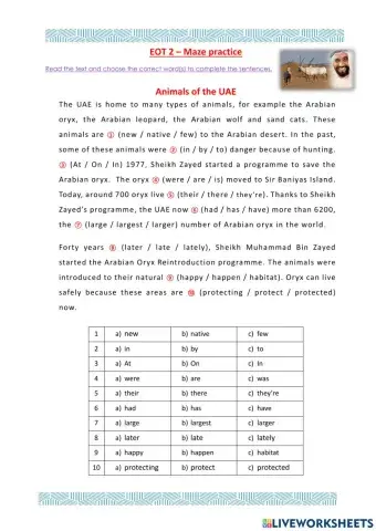 EOT 2 -UAE animals - Maze practice