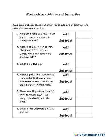 Word Problem - addition and subtraction