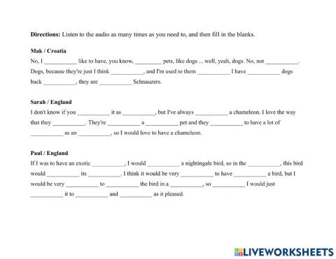 Pets-Animals-6ppl Exotic Pet Dictation Exercise