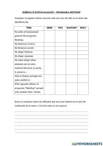Rúbrica d'autoavaluació Sketchup