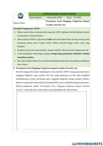 LKPD Persamaan Garis Singgung Lingkaran dengan Gradien Tertentu