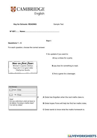 NEW A2 Key for Schools 2022 sample READING
