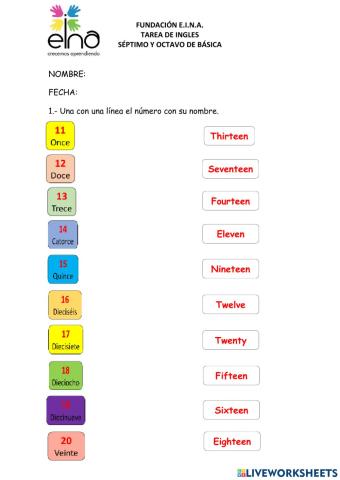 Numeros del 11 - 20