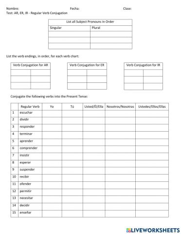 Test: Regular AR, ER, IR Spanish verb endings
