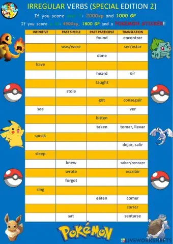 Irregular verbs test special edition (pokemon)