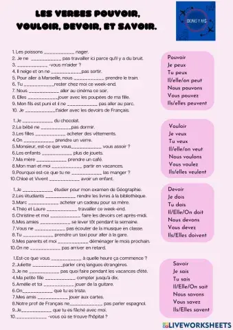 Présent de l'indicatif des verbes POUVOIR, VOULOIR, DEVOIR et SAVOIR