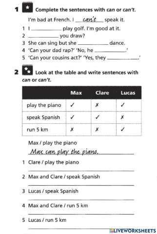 Can vs. can't Writing Sentences by Teacher Kasim