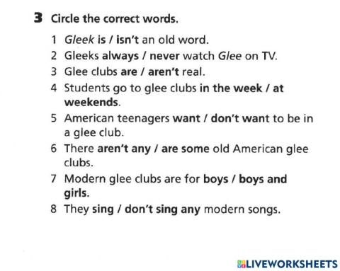 Glee Clubs in America Choose the correct answer prepared by Teacher Kasim