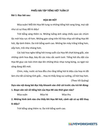 Bài tập tiếng việt tuần 27