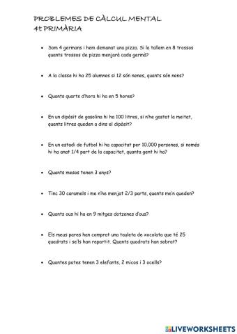 Problemes de càlcul mental