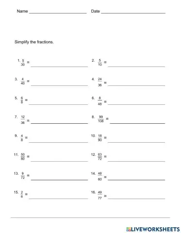 Simplifying Fractions Practice