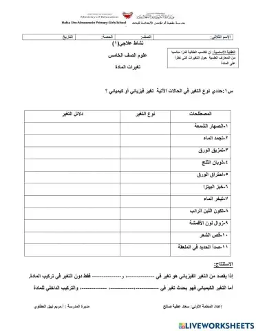 تصنيف التغير إلى كيميائي وفيزيائي