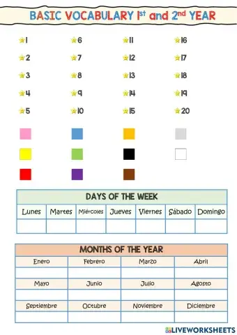 Numbers, colours, days of the week and months of the year
