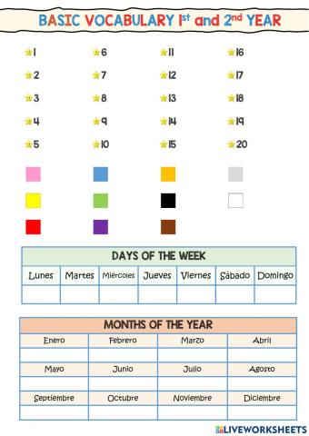 Numbers, colours, days of the week and months of the year