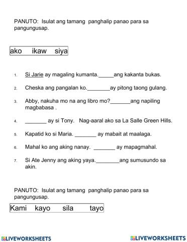 Pagsasanay sa Panghalip Panao-Special Filipino 4