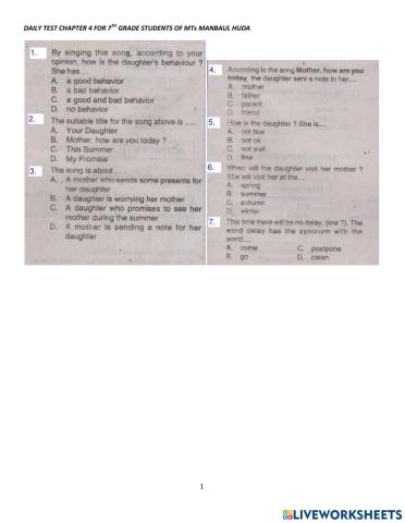 Soal Ulangan Bahasa inggris Kelas 7 Bab 4 MTS MBH