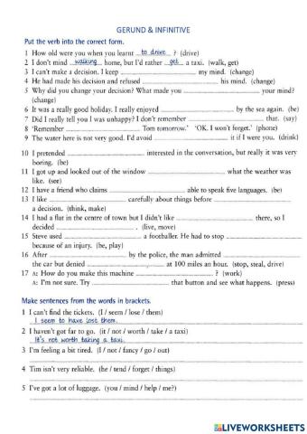 Gerund infinitive connecting words