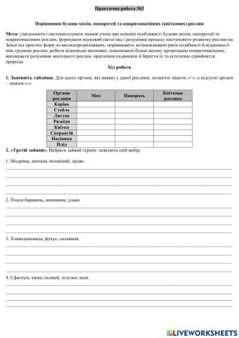 Практична робота 3 Порівняння будови мохів, папоротей та покритонасінних