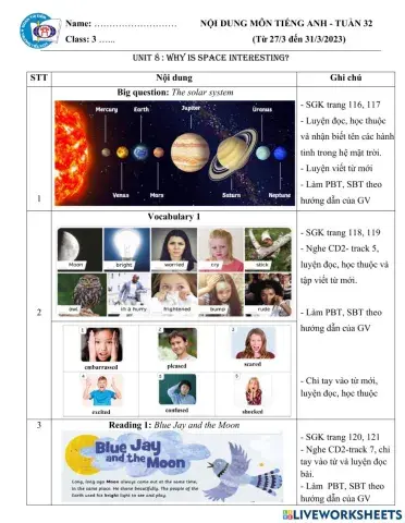 Phiếu Nội Dung Môn Tiếng Anh Tuần 32 (27 - 31.3)