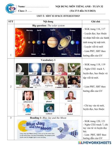 Phiếu Nội Dung Môn Tiếng Anh Tuần 32 (27 - 31.3)