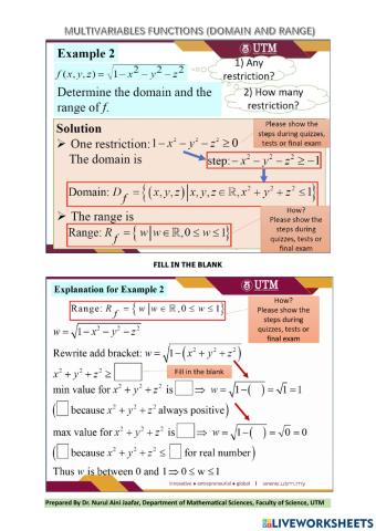 LIVEWORKSHEET MULTIVARIABLES FUNCTION : DOMAIN AND RANGE