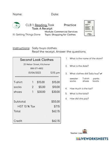 CLB1 : Shopping for Clothes - A Receipt