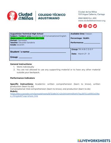 OBSERVATION 2 - LISTENING - 7th GRADE