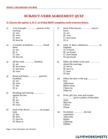 Subject-verb agreement quiz