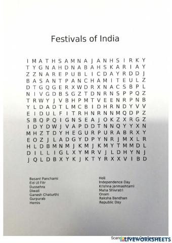Indian Festivals - Wordsearch