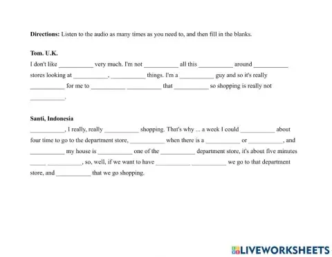 Shopping 1-6 ppl How Often Shop Dictation Exercise