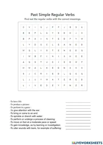 Word search. Regular verbs. Past simple