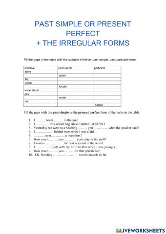 Irregular verbs past simple and present perfect