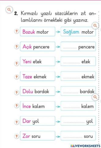 Zıt Anlam Tamamlama