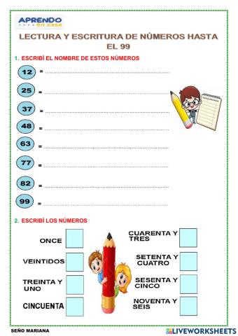 Lectura, escritura y orden de los números hasta el 99