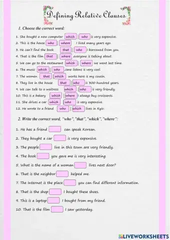 Defining Relative Clauses - which, that, who, where