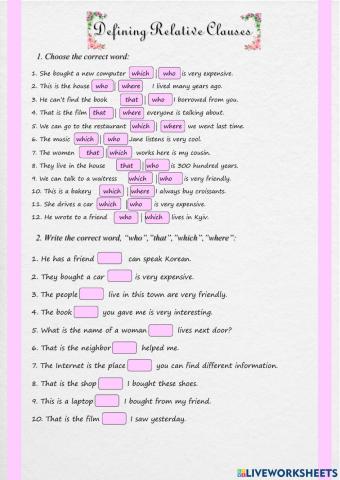 Defining Relative Clauses - which, that, who, where