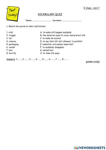 Vocabulary Quiz Unit 7