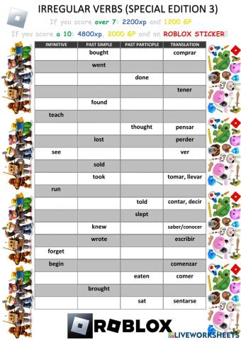 Irregular verbs test special edition 3 (Roblox)