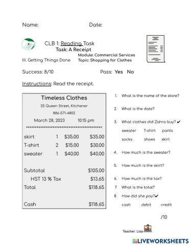 CLB1 : Shopping for Clothes - A Receipt TASK