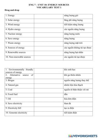 ENG 7 - UNIT 10 - Vocab test 1.1