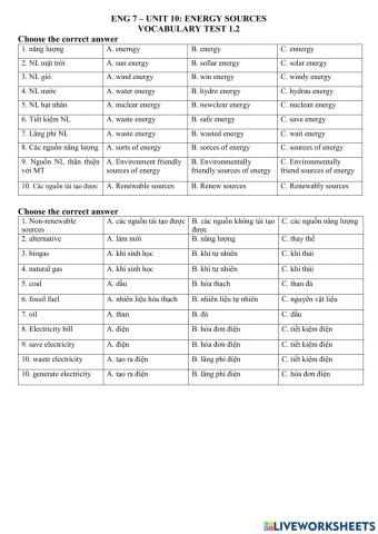 ENG 7 - UNIT 10 - Vocab test 1.2