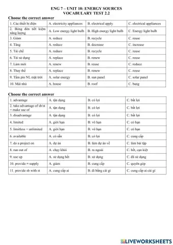 ENG 7 - UNIT 10 - Vocab test 2.2