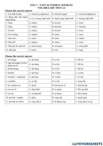 ENG 7 - UNIT 10 - Vocab test 2.2