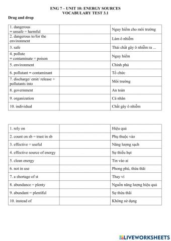 ENG 7 - UNIT 10 - Vocab test 3.1