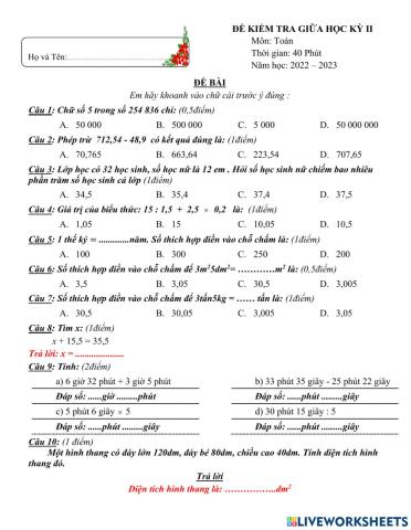 Đề ôn giữa kì Toán 5 (đề 3)
