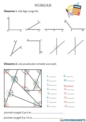 Nurkade liigid, tippnurgad, kõrvunurgad