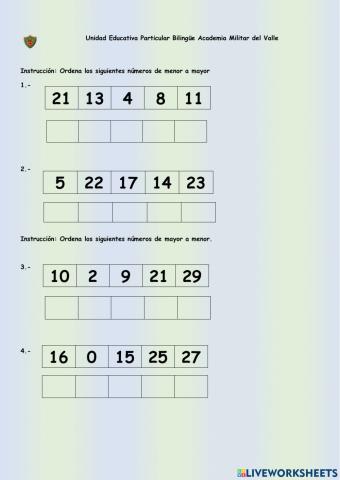 Ordenar números hasta el 29