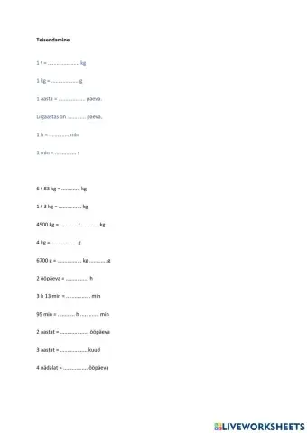 Teisendamine, massi- ja ajaühikud, 4. klass