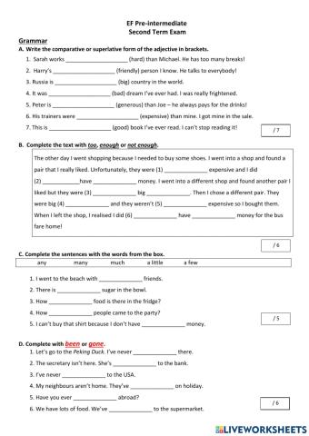 PRE-INT.  2nd term GRAMMAR and VOCABULARY EXAM